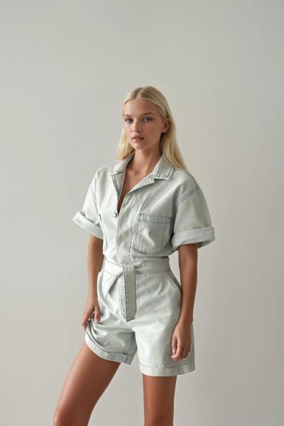 Deny Kuşaklı Şortlu Jean Tulum Açık Mavi