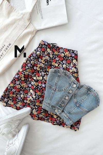 Dinna Çiçekli Yüksek Bel Etek Pembe