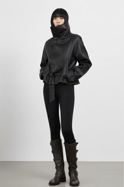 Elora Dik Yaka Deri Trenckot Siyah