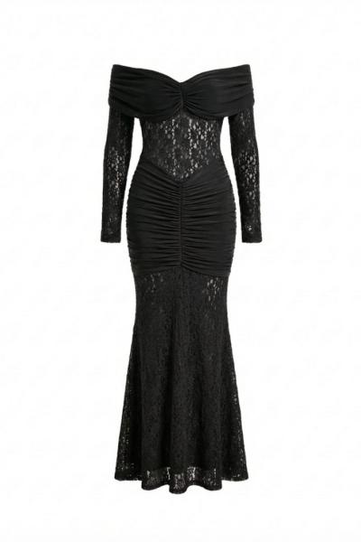 Elva Güpürlü Prenses Yaka Elbise  Siyah