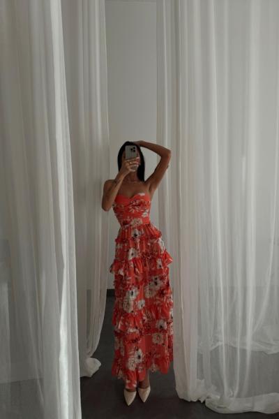 Emilie Çiçekli Straples Elbise  Mercan