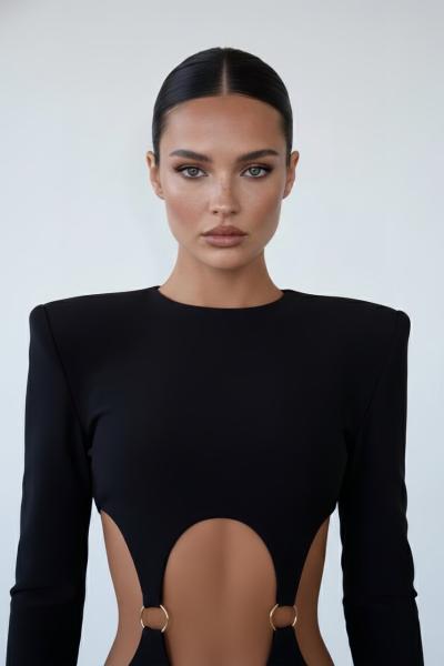 Este Bel Detayli Vatkali Mavi Elbise  Siyah