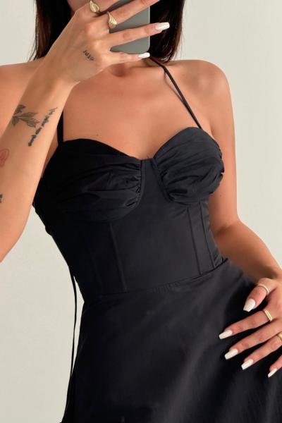 Hilde Poplin İp Askılı Maxi Elbise  Siyah