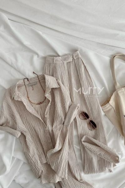 Juliet Ham Keten Çizgili Bohem Takım Krem