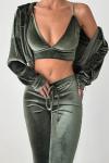 Kadife Crop + Ceket + Pantolon 3lü set Elona  Koyu Yeşil