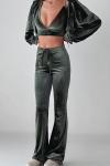 Kadife Crop + Ceket + Pantolon 3lü set Elona  Koyu Yeşil