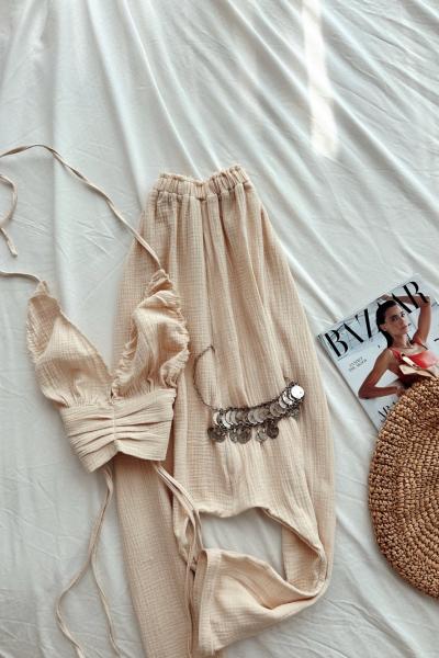 Kendra Organik Yumuşak Müslin Şalvar Crop Takım Bej