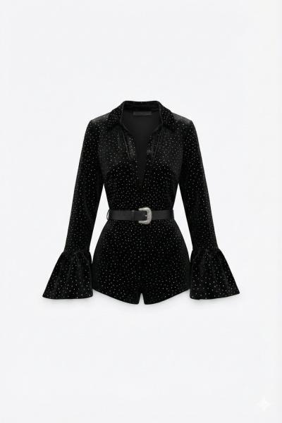 Kessia Taşlı Kadife Kumaş Şort Tulum Siyah