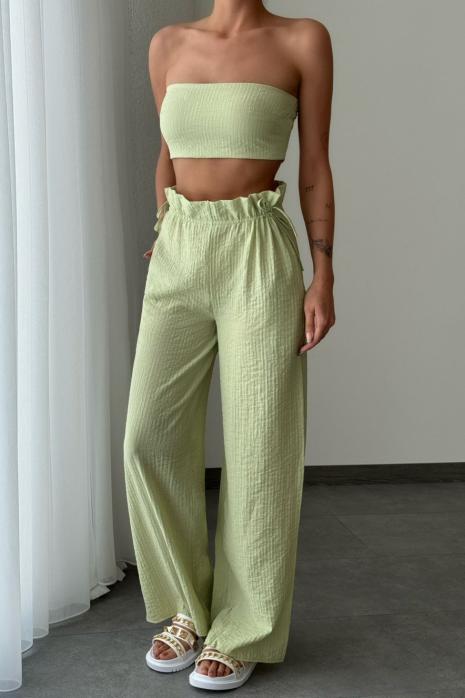 Kety Pantolon+Crop Rahat Kalıp Bohem Takım Yeşil