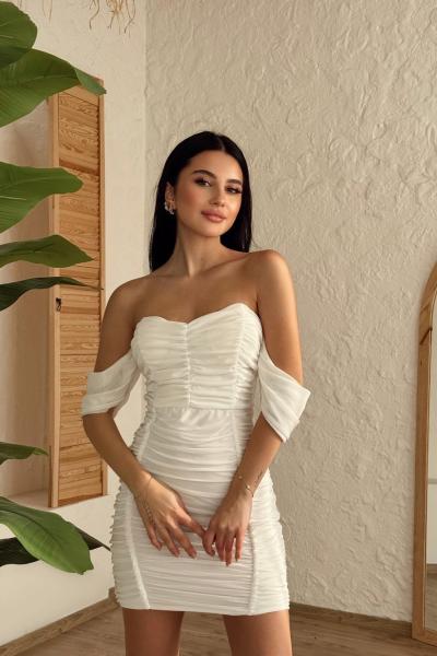 Kiko Düşük Omuz Drapeli Elibise  Beyaz