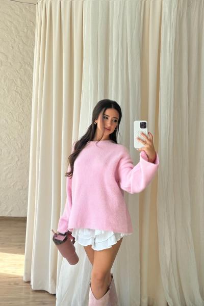 Kira Sıfır Yaka Yumoş Oversize Kazak Pembe