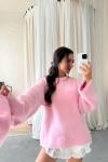 Kira Sıfır Yaka Yumoş Oversize Kazak Pembe