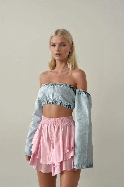 Kolları Çıkabilen Straples Kollu Denim Bluz Arya  Mavi