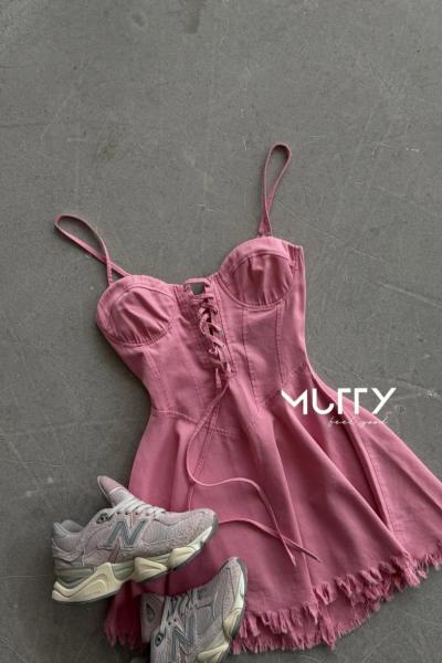 Krissia Gloplu Tensel Denim Elbise Pembe