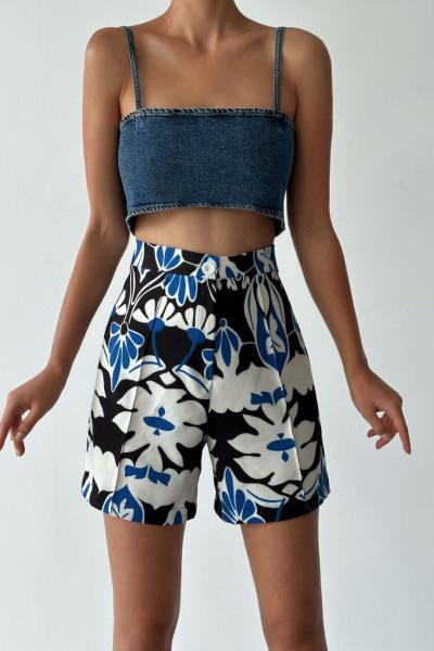 Liana Yüksek Bel Etnik Desen Şort Mavi