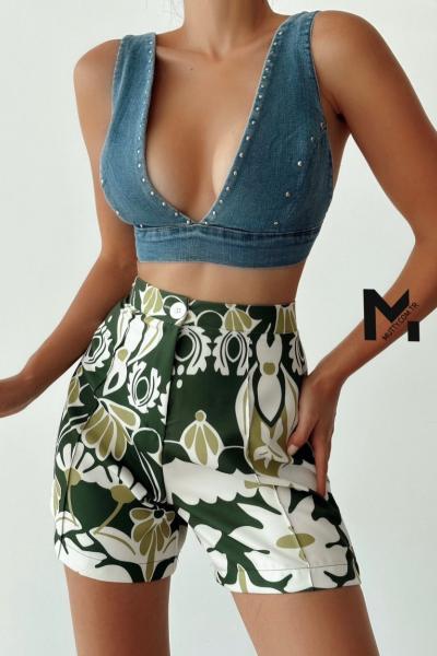 Liana Zr Yüksek Bel Etnik Desen Şort Yeşil