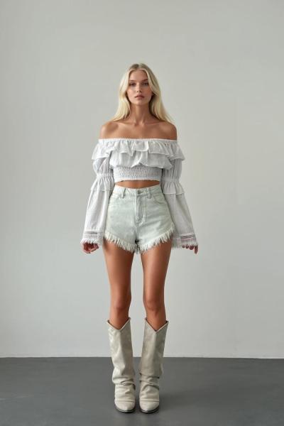 Lina Straplez Fırfır Detay Geniş Kol Crop Beyaz