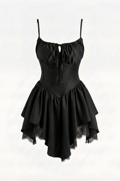 Linda Korse Detay Saten Dantelli Elbise Siyah