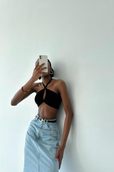 Linda Yüksek Bel Midi Boy Jean Etek Mavi