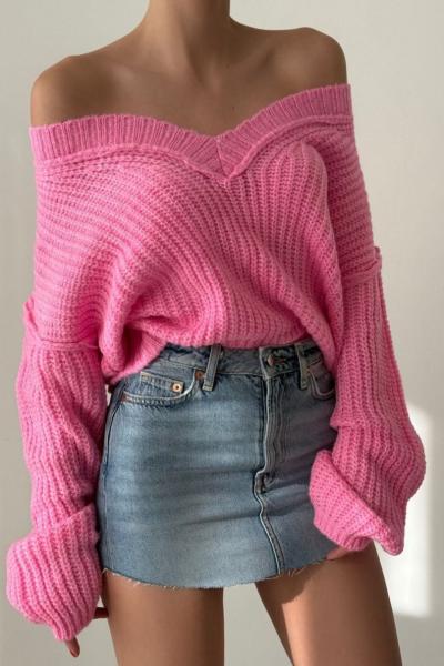 Maris V Yaka Oversize Kazak Pembe