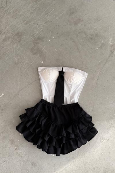 mox korse kravatlı bustıer gömlek - fırfırlı kabarık sort etek 2lı set  Siyah