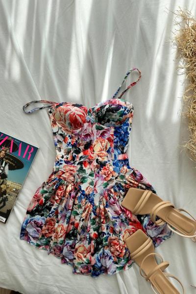 Narsie Gloplu Çiçekli Digital Baskı Elbise  Nar Çiçeği