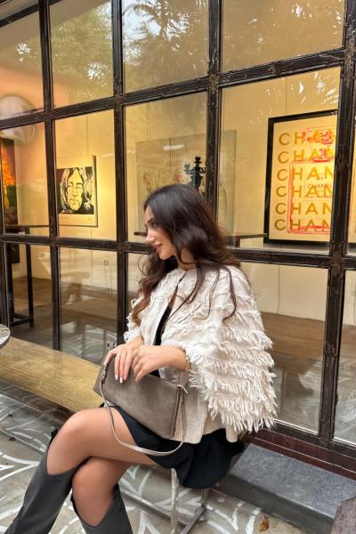 Nasty Saçaklı Triko Hırka  Bej