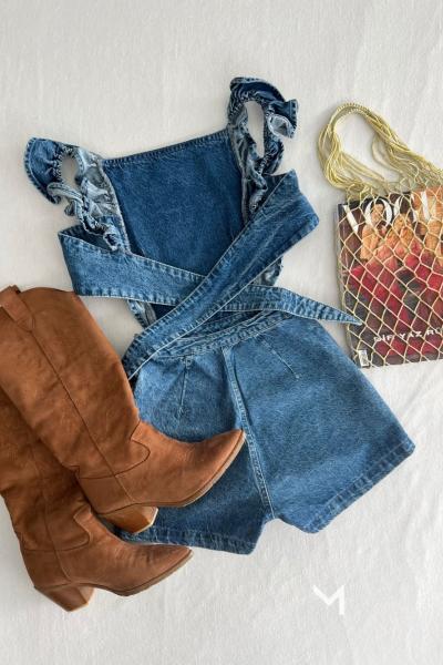 Neoma Askılı Şortlı İthal Tulum Mavi