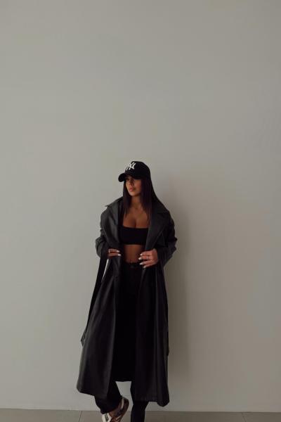 Nevana Kuşaklı İç Astarlı Deri Trençkot Siyah