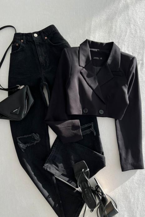 Noami Çift Düğme Crop Blazer Ceket  Siyah
