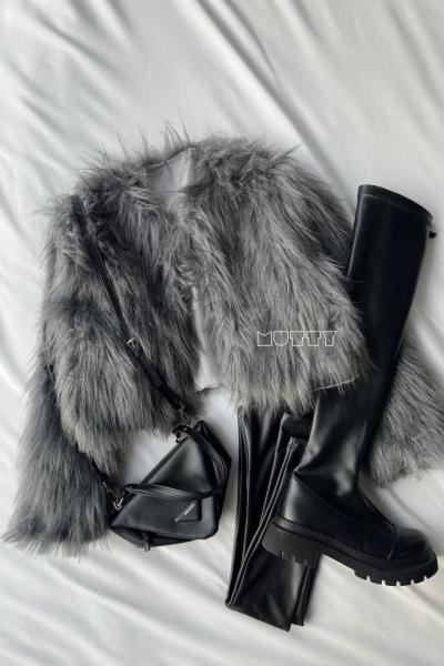 Olena Astarlı Uzun Tüy Kürk Mont  Gri