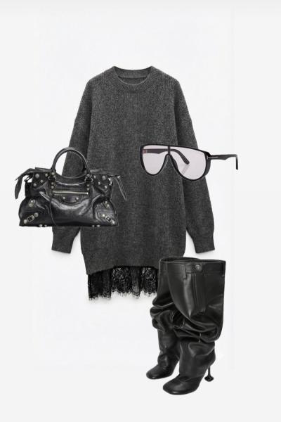 Orenka Altı Dantelli Bitişik Kazak Elbise Gri