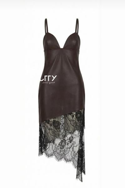 Pita Dantel Detay Deri Elbise Acı Kahve