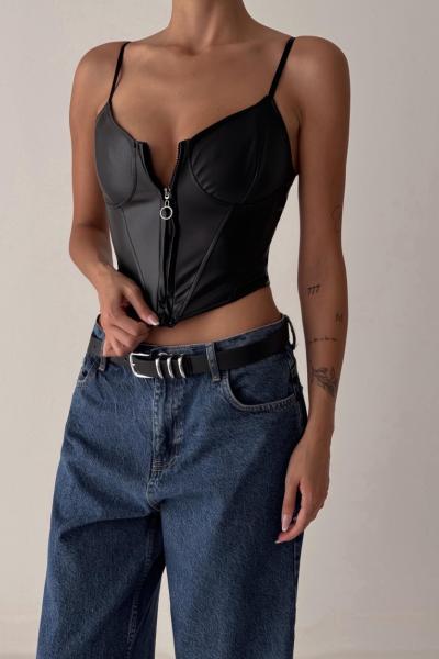Ramla Fermuarlı Deri Crop Siyah