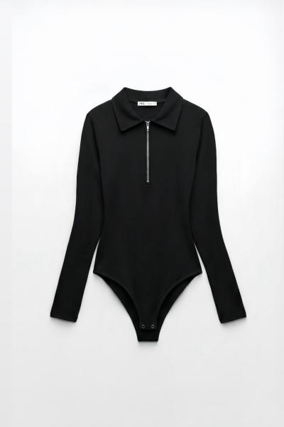 Rena Uzun Kol Polo Yaka Bodysuit Siyah