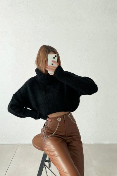 Riva Bel Zincirli Deri Pantolon  Taba