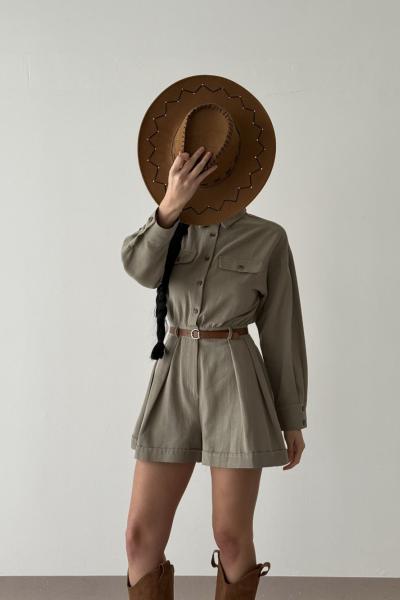 Roba Kemerli Keten Şortlu Tulum  Haki