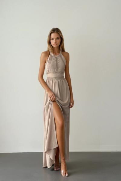 Roli Sırt Dekolteli Yırtmaclı Maxi Keten Elbise ( ÖN SİPARİŞ ÜRÜNÜDÜR ) Bej