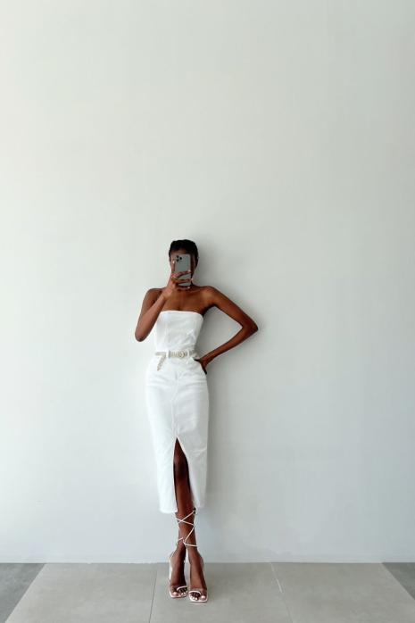 Rony Ön Yırtmaçlı Straplez Jean Elbise Beyaz