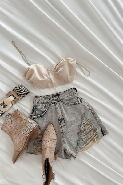 Rowena Taş Askılı Keten Crop Plus Size Bej