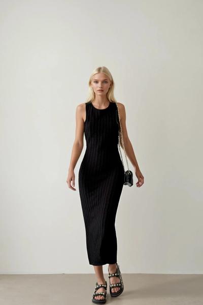 Rue Halter Triko Efekt Esnek Maxi Elbise  Siyah