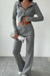 Saç Örgü Fermuarlı Triko Takım  Gri