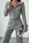 Saç Örgü Fermuarlı Triko Takım  Gri