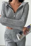 Saç Örgü Fermuarlı Triko Takım  Gri