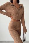 Saç Örgü Fermuarlı Triko Takım  Camel