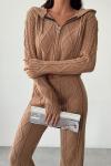 Saç Örgü Fermuarlı Triko Takım  Camel
