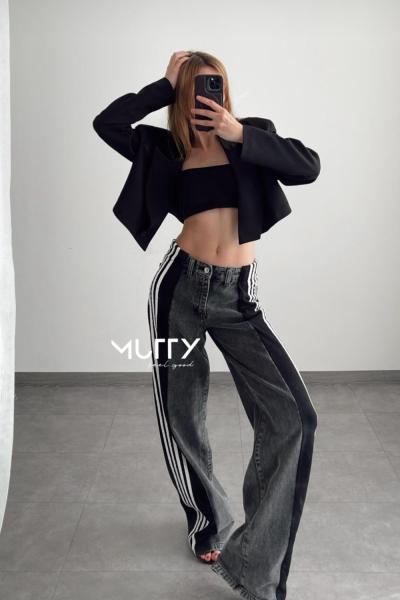 Shara Yanı Şeritli Palazzo Pantolon Füme