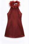 Sirt Dekolteli Yakasi Tüylü Saten Elbise Rina Kırmızı