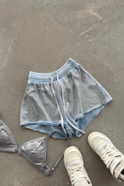 Sisi İşlemeli Yıkamalı Şort  Mavi