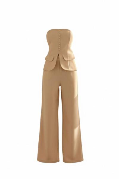 Suen Palazzo+Straplez Bluz Tasarım Takım Bej